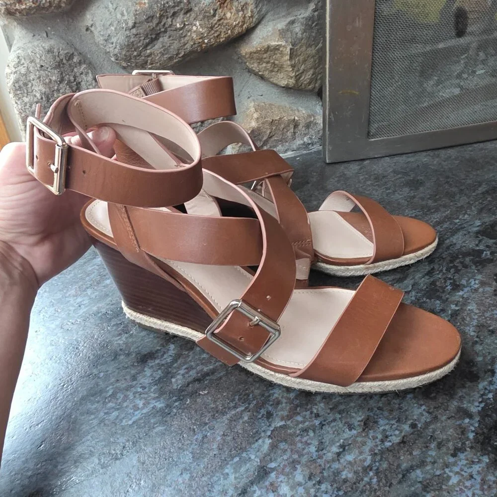 Essex Lane Brown Leather Strappy Wedge Sandals Size 9M